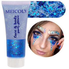 MEICOLY front packaging showing 50ml blue holographic glitter gel and portability
