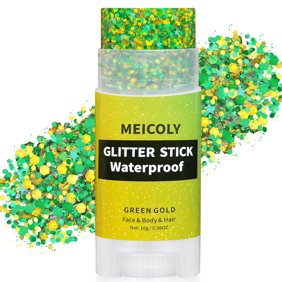 MEICOLY front packaging showing yellow and green Brazil glitter stick, great for fan looks