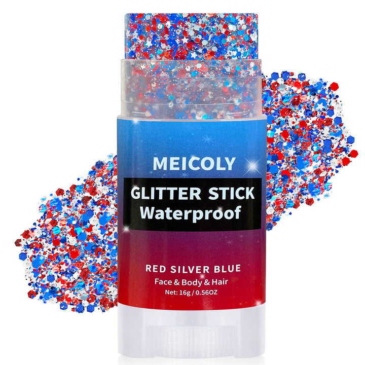 MEICOLY front packaging showing patriotic red white blue glitter stick benefits