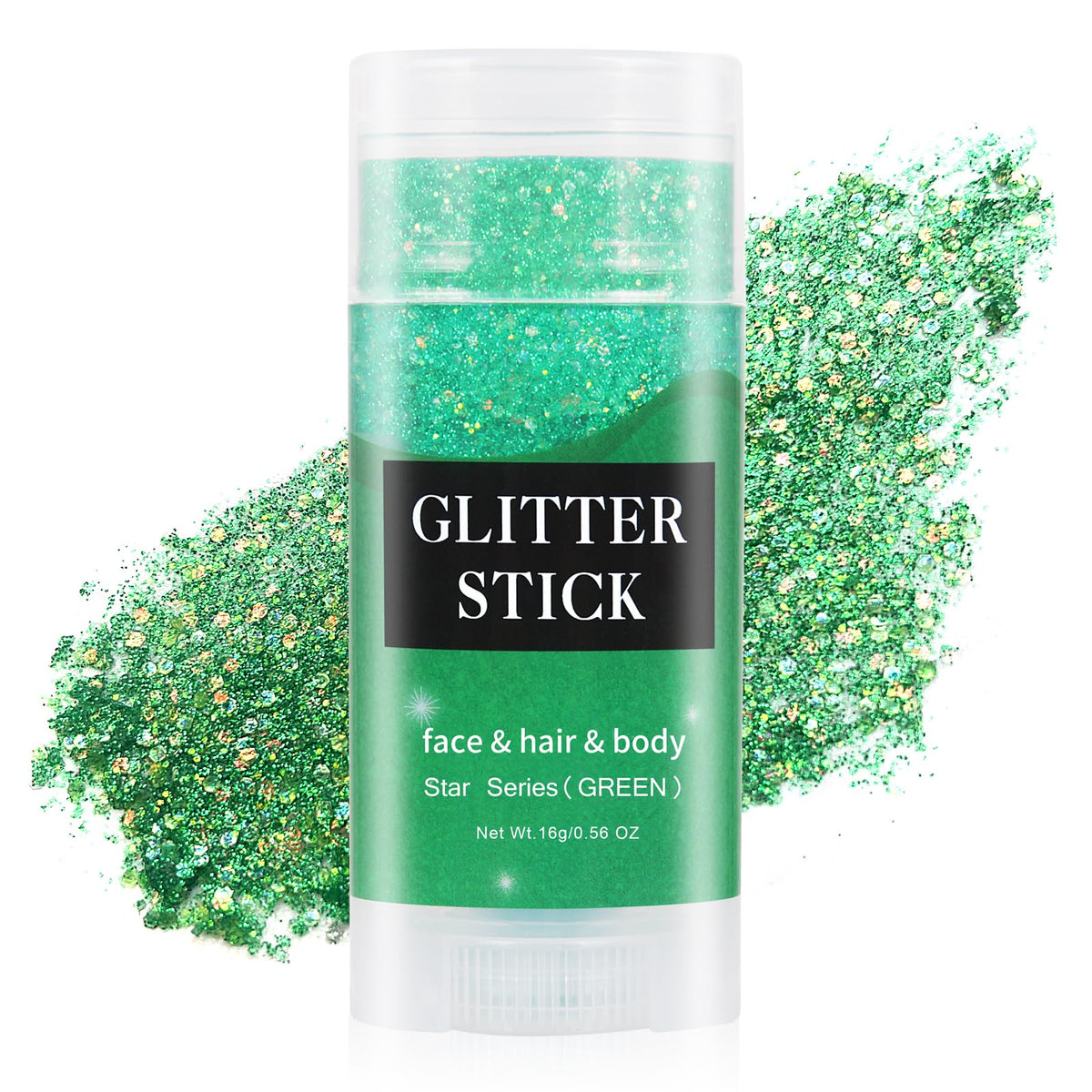 MEICOLY front packaging glitter stick showing vibrant green shimmer benefits quick application