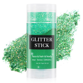 MEICOLY front packaging glitter stick showing vibrant green shimmer benefits quick application