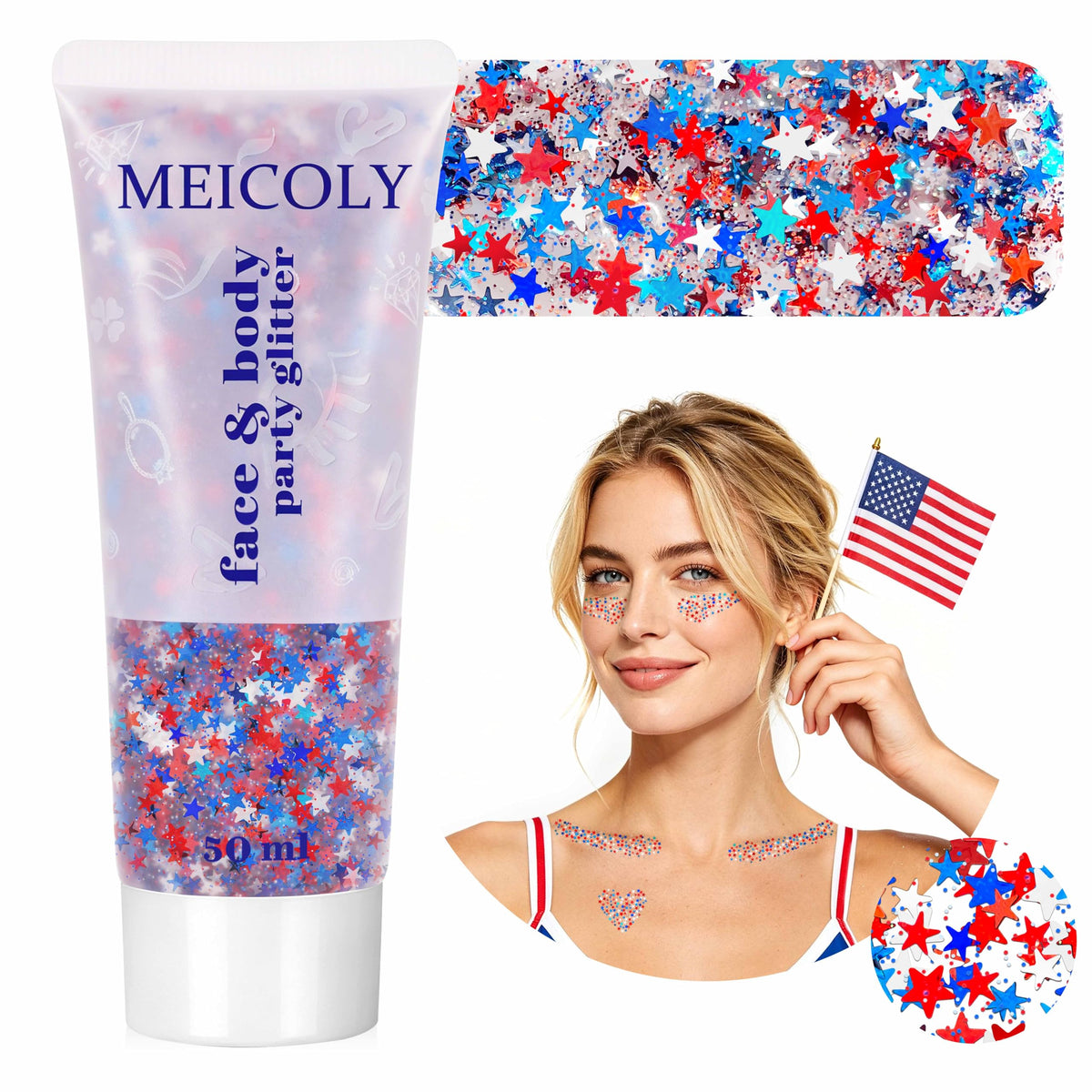 MEICOLY front packaging displaying patriotic red white blue glitter and stars for easy selection