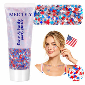 MEICOLY front packaging displaying patriotic red white blue glitter and stars for easy selection