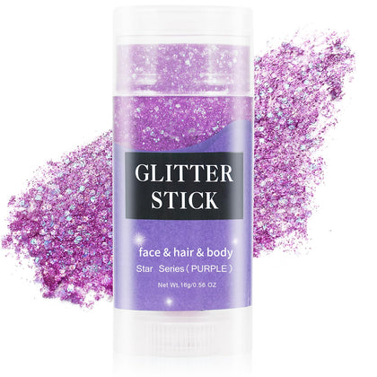 MEICOLY front packaging showing purple glitter stick, easy festival-ready sparkle