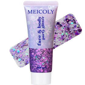 MEICOLY jar front view showing purple holographic glitter and branding benefit shine