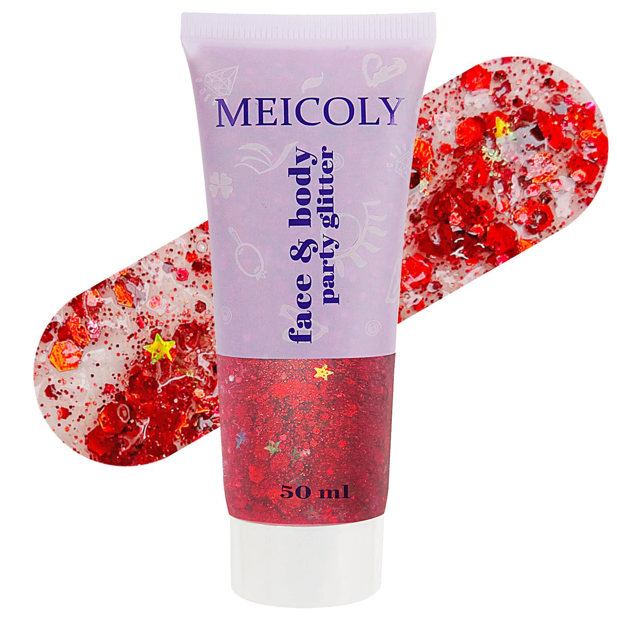 MEICOLY front packaging showing 50ml red glitter gel vibrant shine