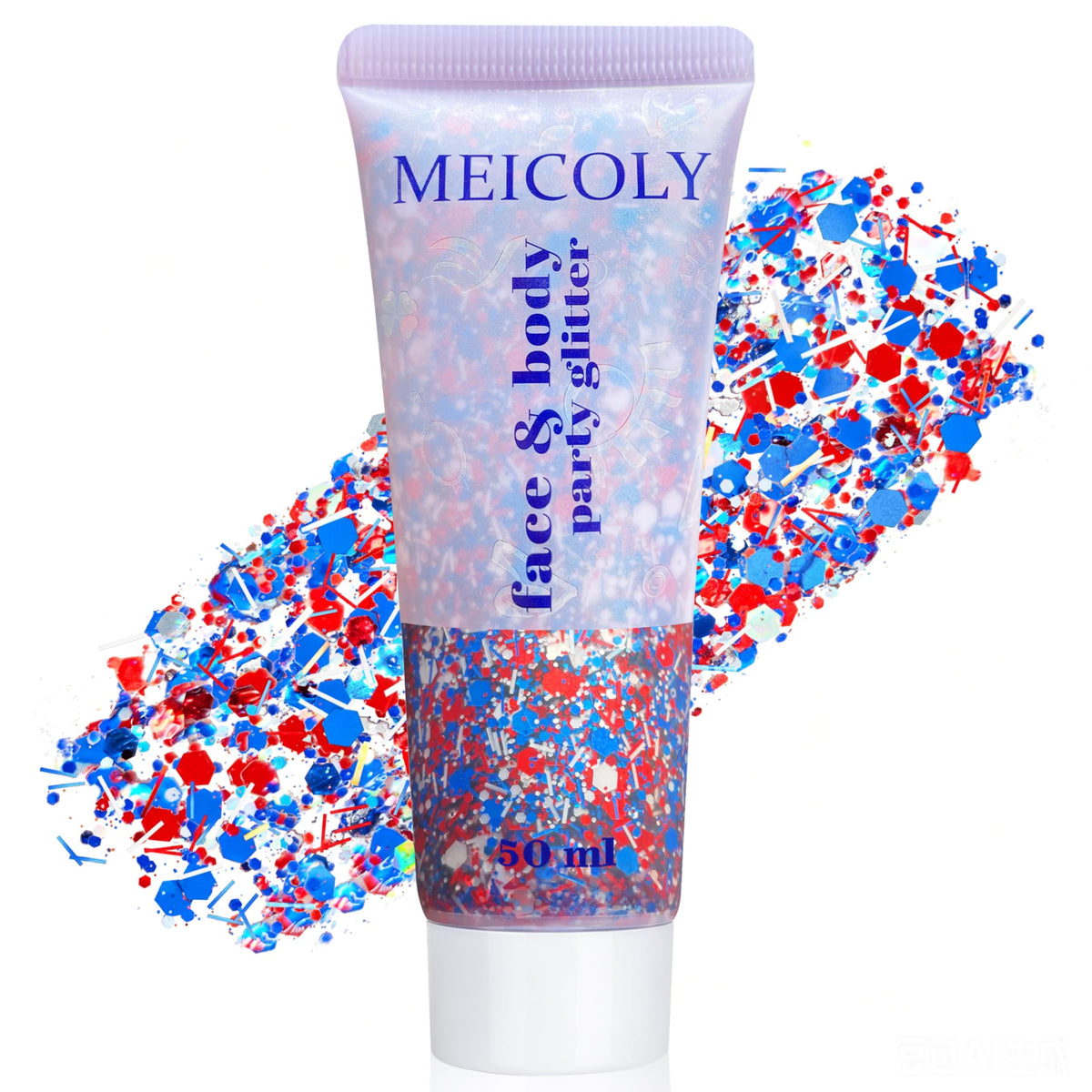MEICOLY front packaging showing patriotic glitter and benefits