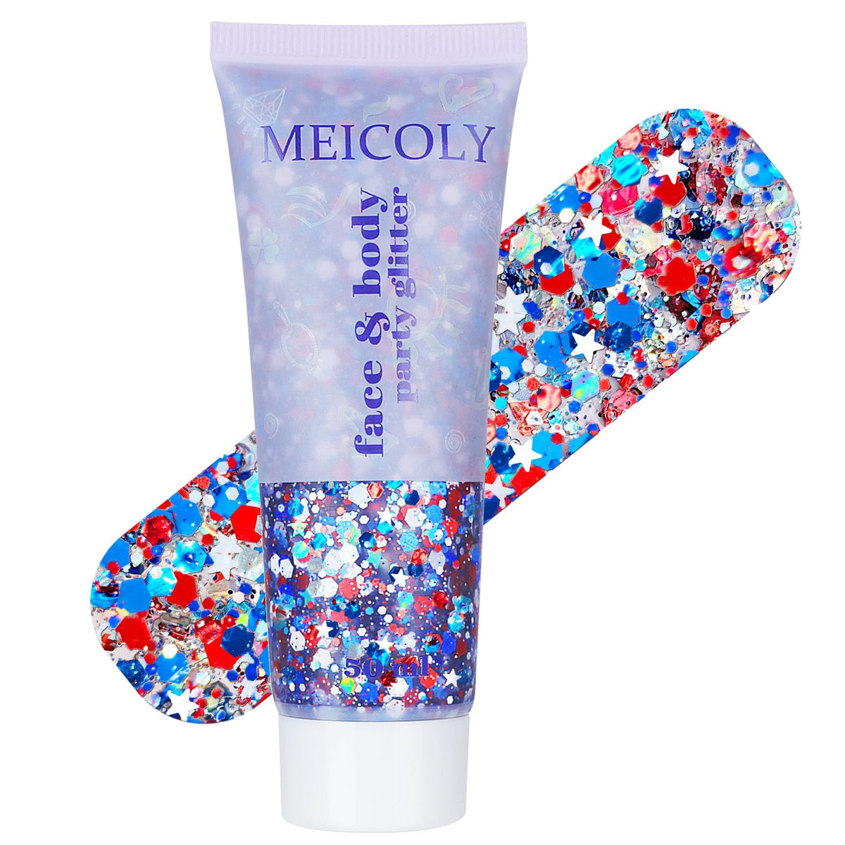 MEICOLY front packaging showing red white and blue patriotic glitter for quick identification
