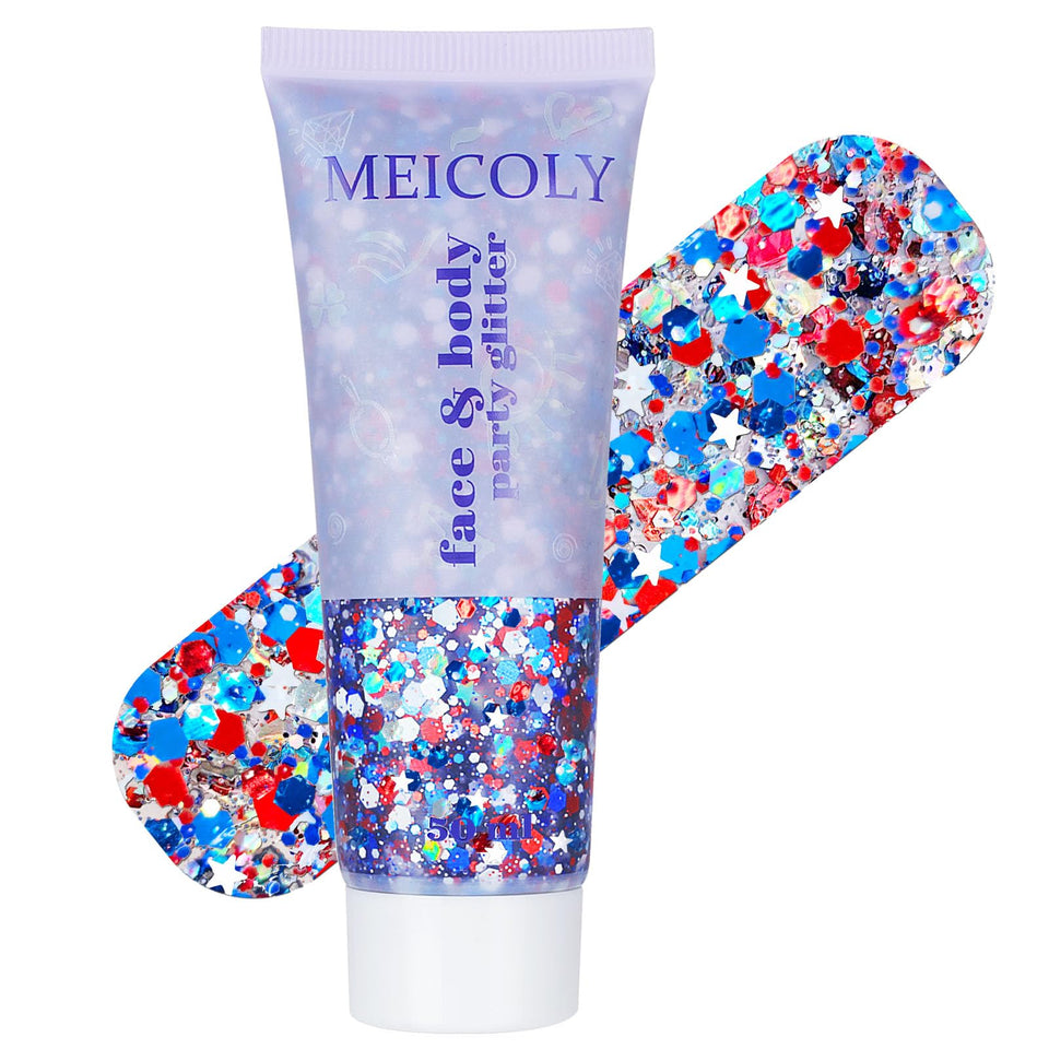 MEICOLY front packaging showing red white and blue patriotic glitter for quick identification
