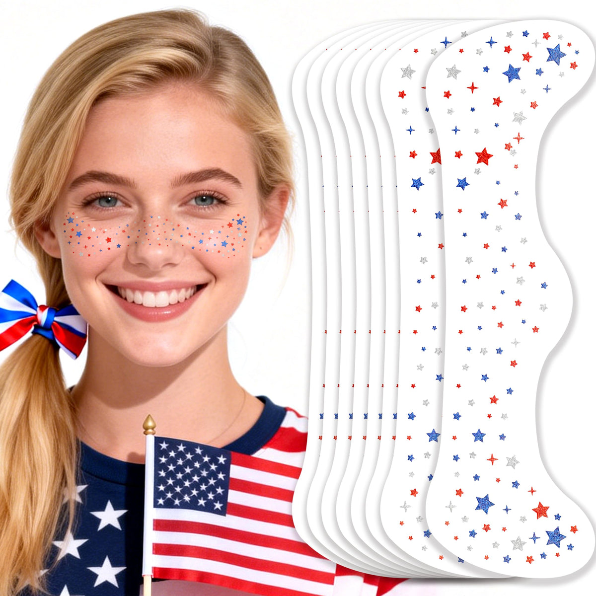 MEICOLY front packaging showing eight patriotic star glitter sheets and benefits
