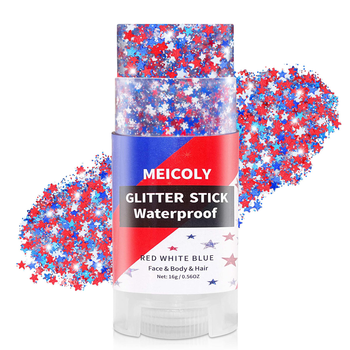 MEICOLY front view of glitter stick showing patriotic star design and packaging benefit