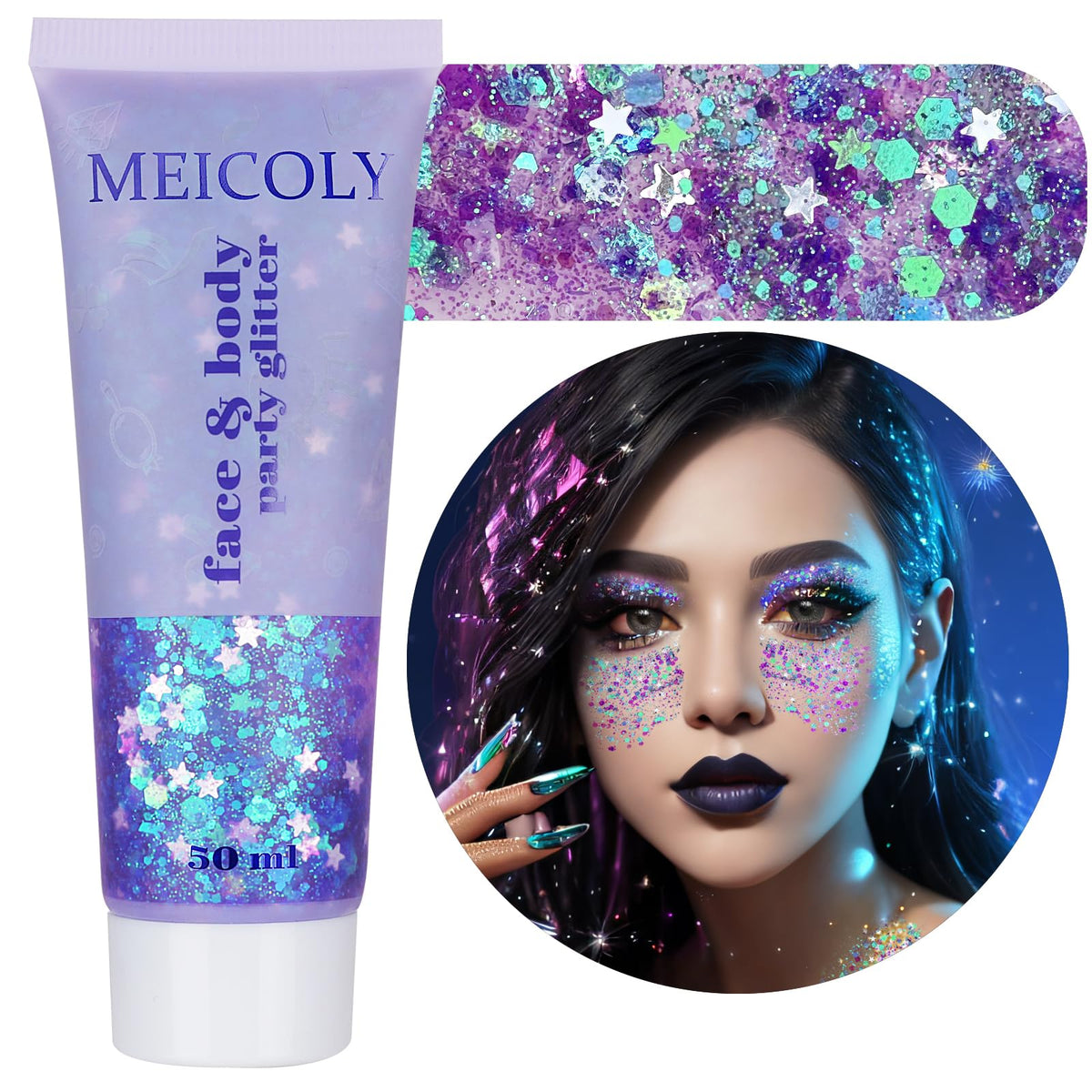 MEICOLY light purple glitter tub front view showing packaging and shade benefits