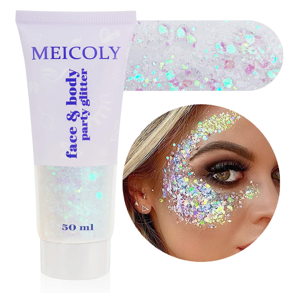 MEICOLY front tube showing clear glitter gel and 50ml size for easy use