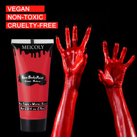 MEICOLY full-face devil makeup on model showing dramatic Halloween-ready finish