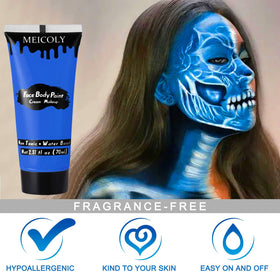 MEICOLY full-face Smurf cosplay demonstrating bold, even coverage for character looks