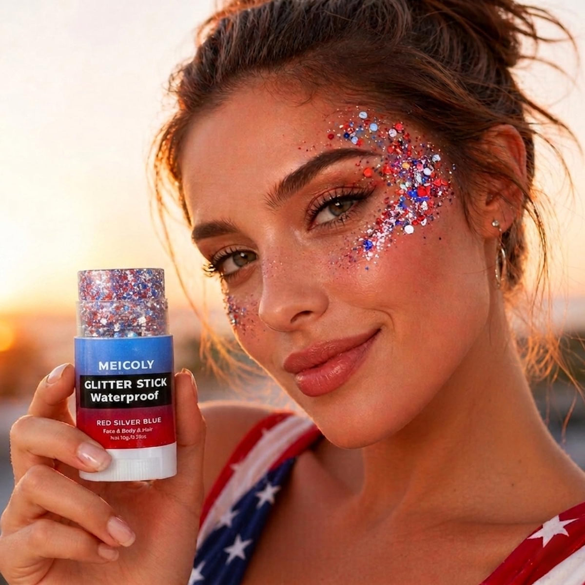 MEICOLY glitter stick in patriotic outfit lifestyle scene for celebrations