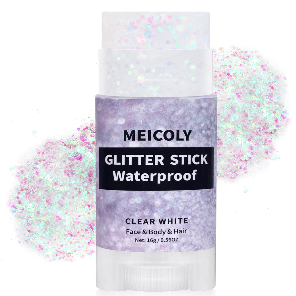 MEICOLY glitter stick front view showing compact, travel-ready design and instant sparkle