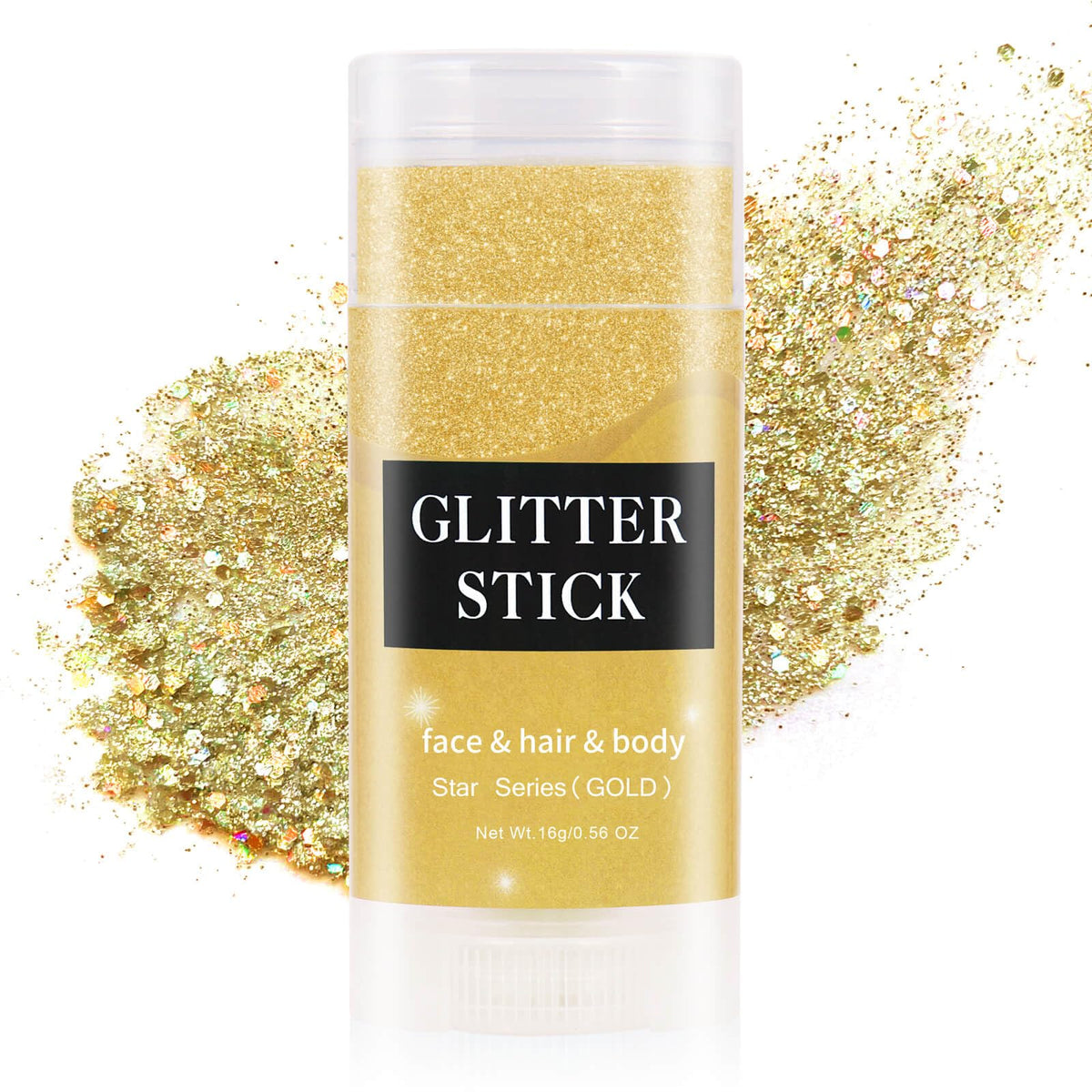 MEICOLY gold glitter stick front packaging showing product and benefit of travel-ready sparkle