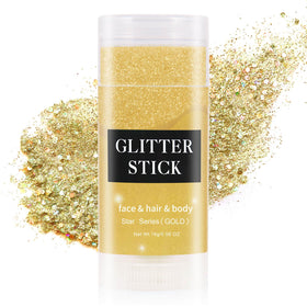 MEICOLY gold glitter stick front packaging showing product and benefit of travel-ready sparkle