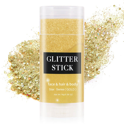 MEICOLY gold glitter stick front packaging showing product and benefit of travel-ready sparkle