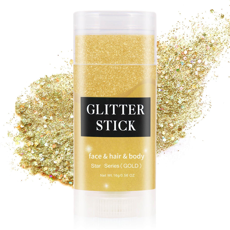 MEICOLY gold glitter stick front packaging showing product and benefit of travel-ready sparkle