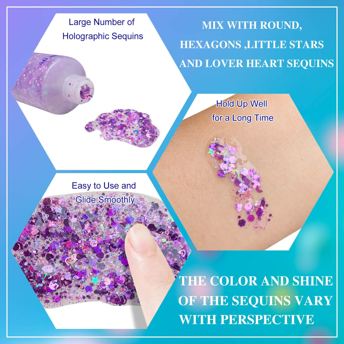 MEICOLY chunky glitter streaks in hair showing bright mermaid effect and hold