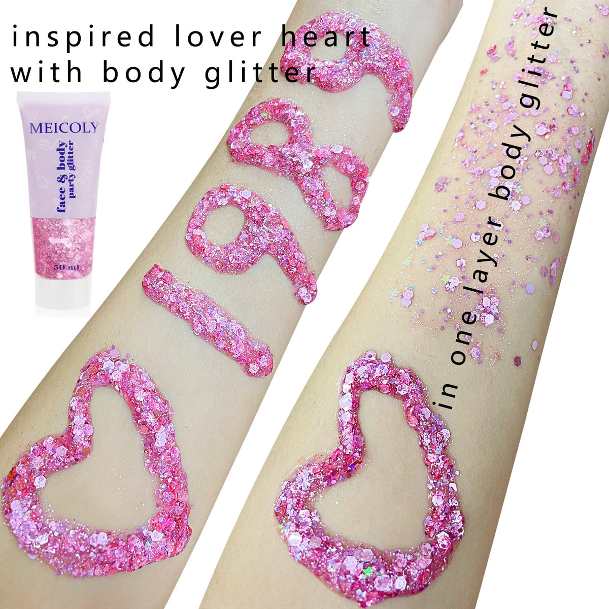 MEICOLY glitter applied to hair creating festival-ready pink highlights