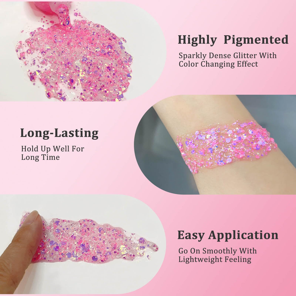 MEICOLY glitter streak in hair demonstrating colorful accent and hold