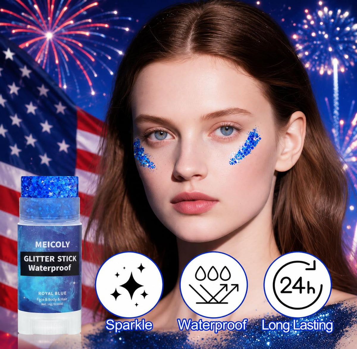 MEICOLY hair streak demonstration showing vibrant blue highlight for festive hair