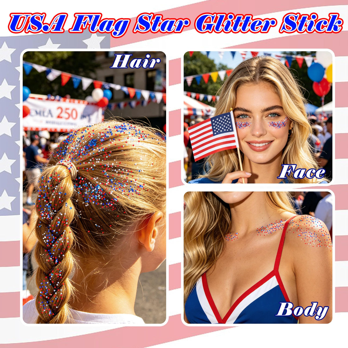 MEICOLY hairline streak with star glitter adding festive accent and photo-ready pop