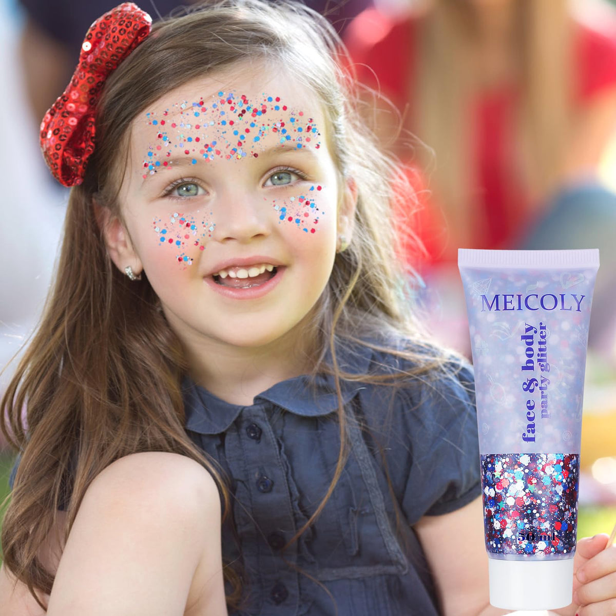 MEICOLY on a smiling child’s face demonstrating safe, family-friendly festival use