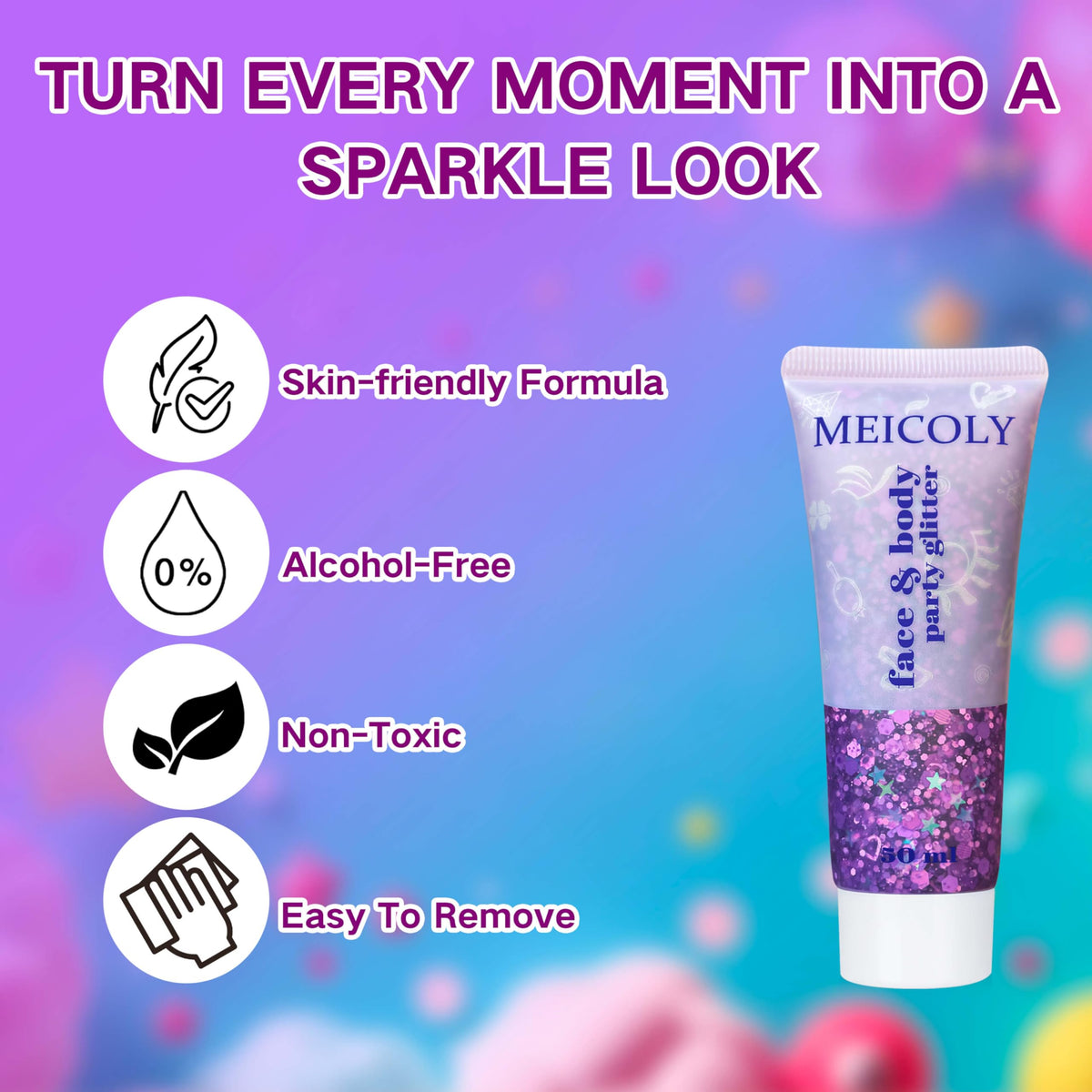 MEICOLY ingredient and usage label close-up highlighting safe, easy application