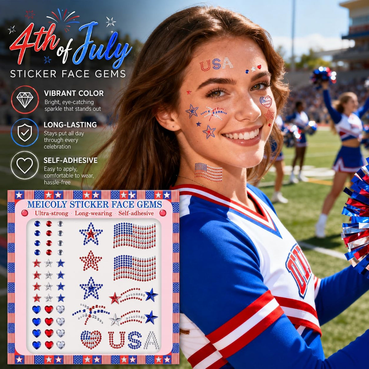 MEICOLY lifestyle parade look featuring glowing face jewels for standout celebration style