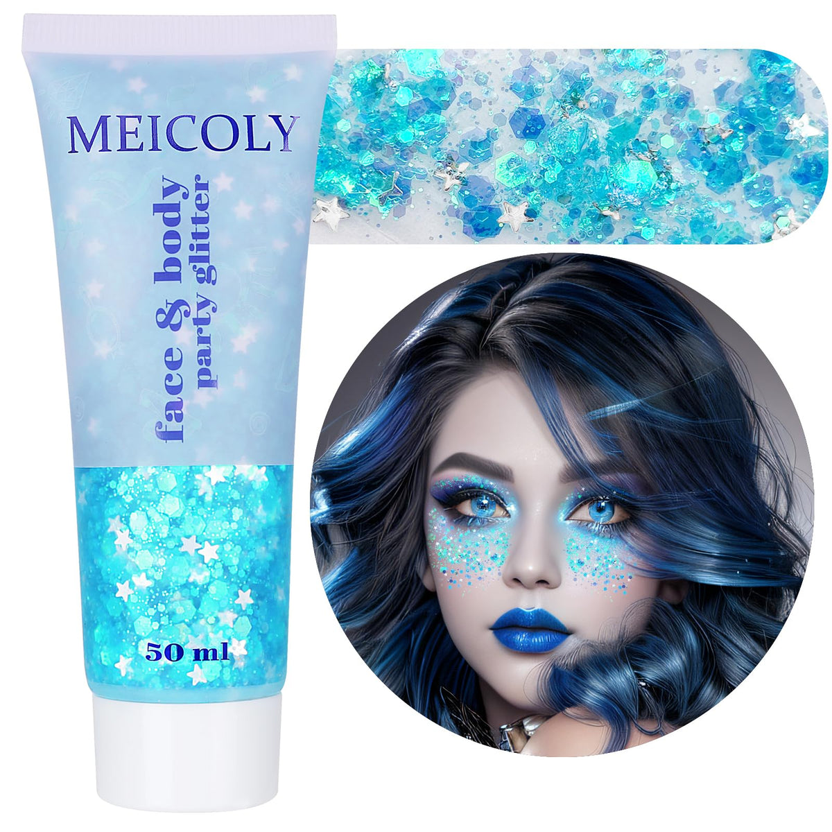 MEICOLY front packaging showing light blue gel and label, clear product benefit