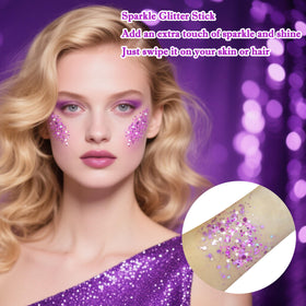 MEICOLY purple glitter on hair strand creating festival-ready shimmer