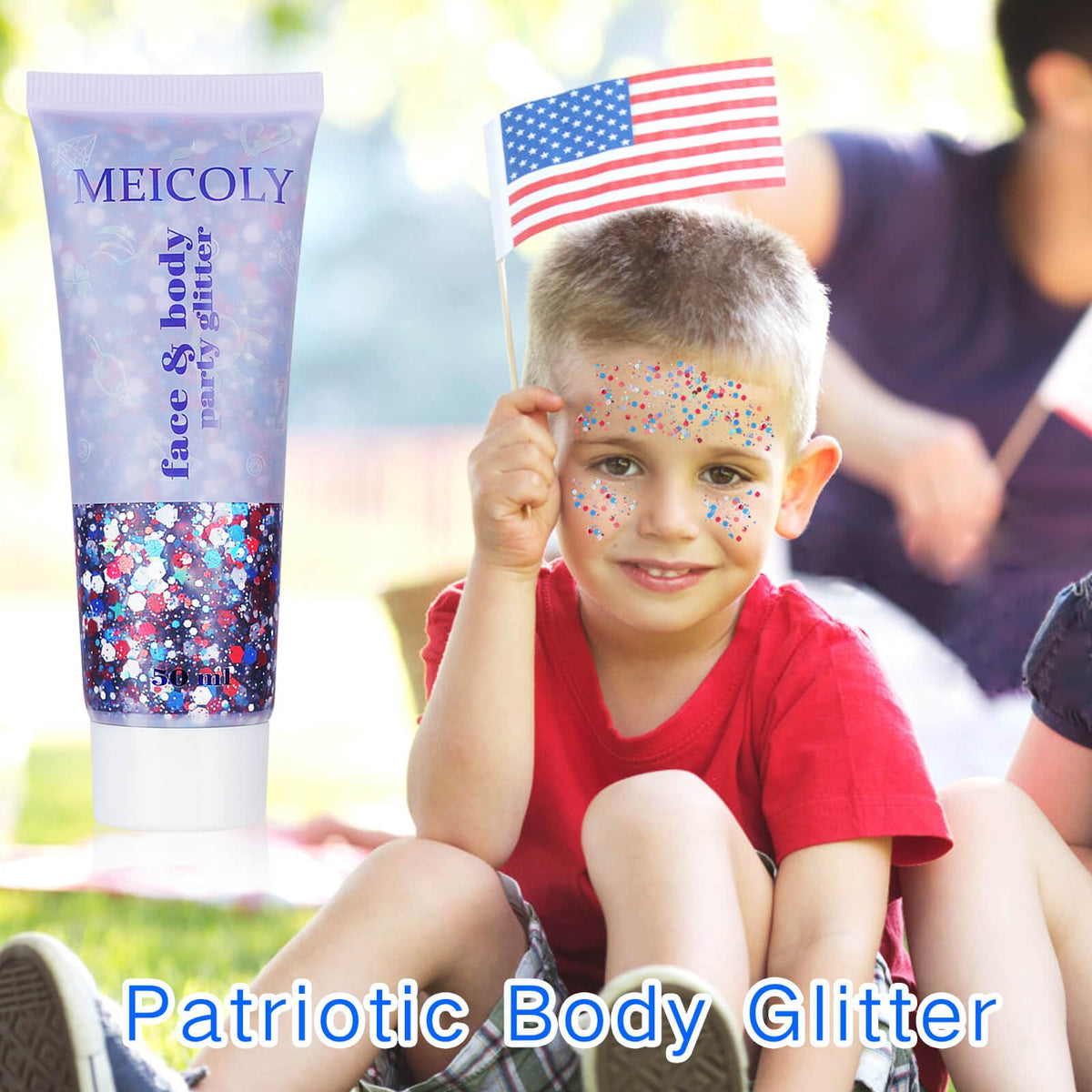 MEICOLY applied on cheek to demonstrate festive face glitter for photo-ready looks