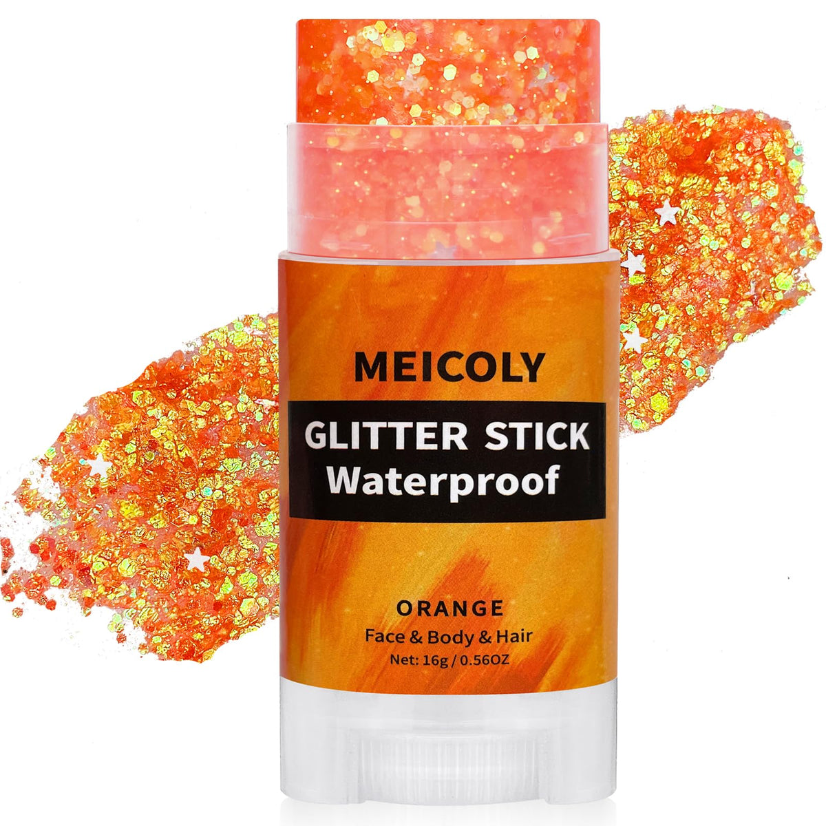 MEICOLY orange glitter stick front packaging showing color and cap for easy storage