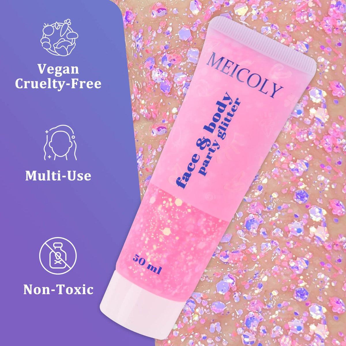 MEICOLY packaging label close-up showing cosmetic-grade, vegan benefit