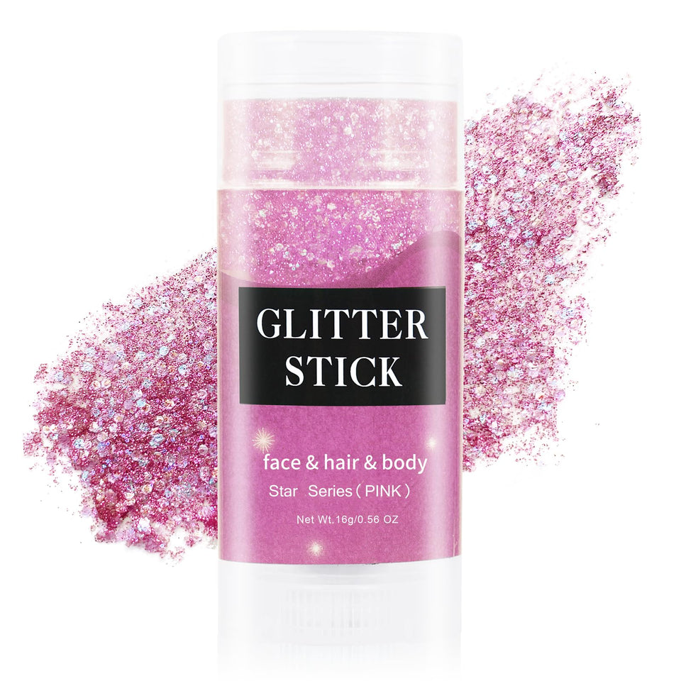 MEICOLY pink glitter stick front view showing compact packaging and portability