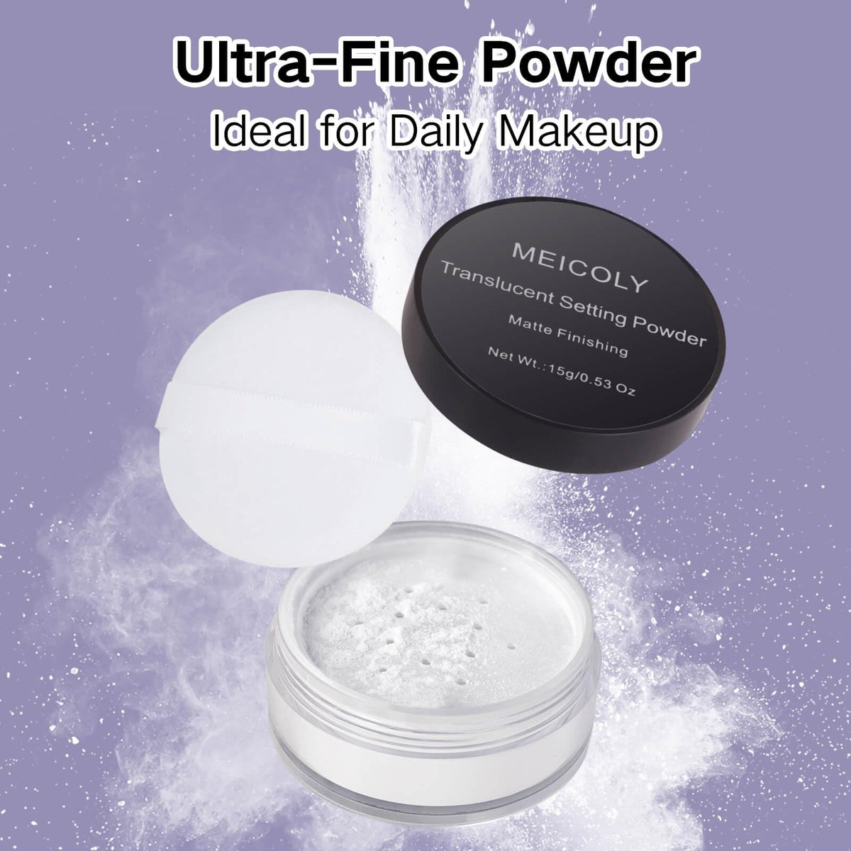 MEICOLY powder texture macro showing ultra-fine particles for smooth blend benefit
