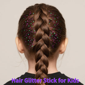 MEICOLY purple glitter applied along hairline for quick mermaid accent and hold