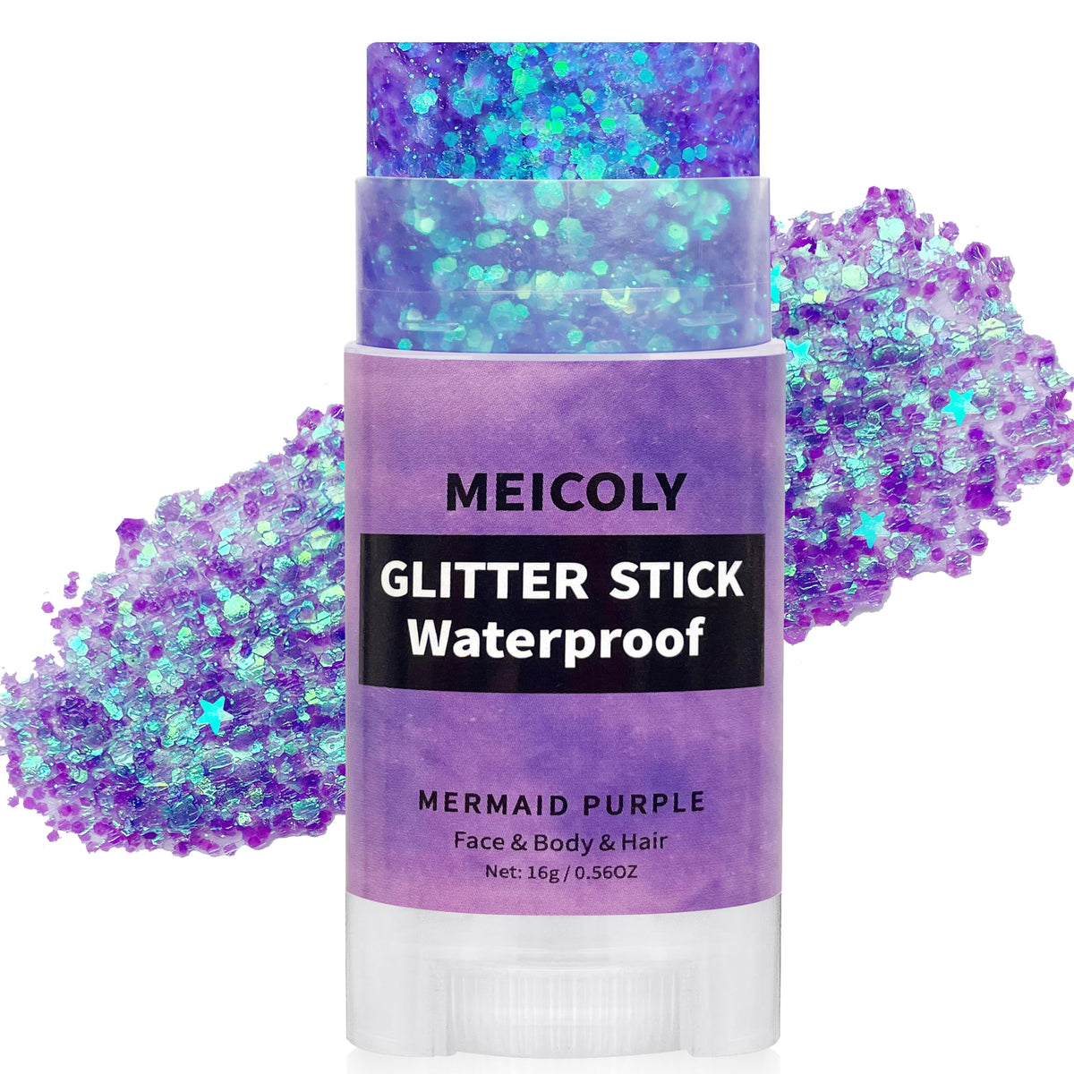MEICOLY purple glitter stick front packaging showing compact design and shade
