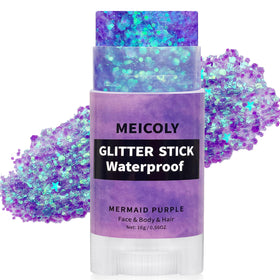 MEICOLY purple glitter stick front packaging showing compact design and shade