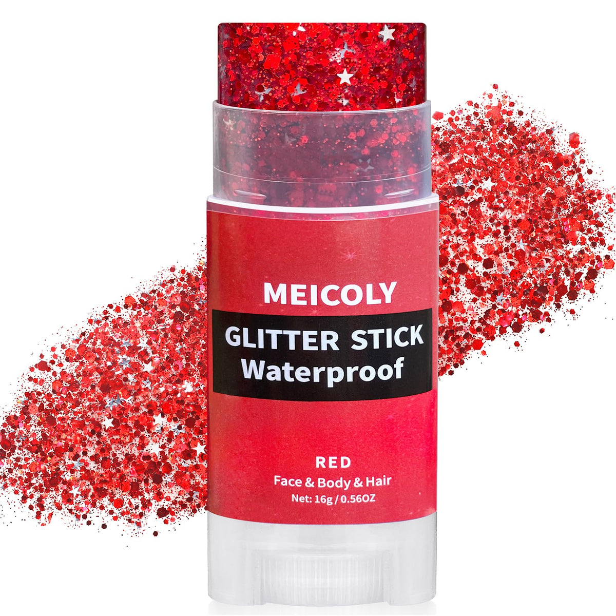 MEICOLY red glitter stick front packaging showing bold color and cap