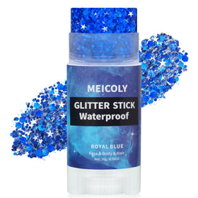 MEICOLY front packaging showing royal blue glitter stick benefit of clear identification