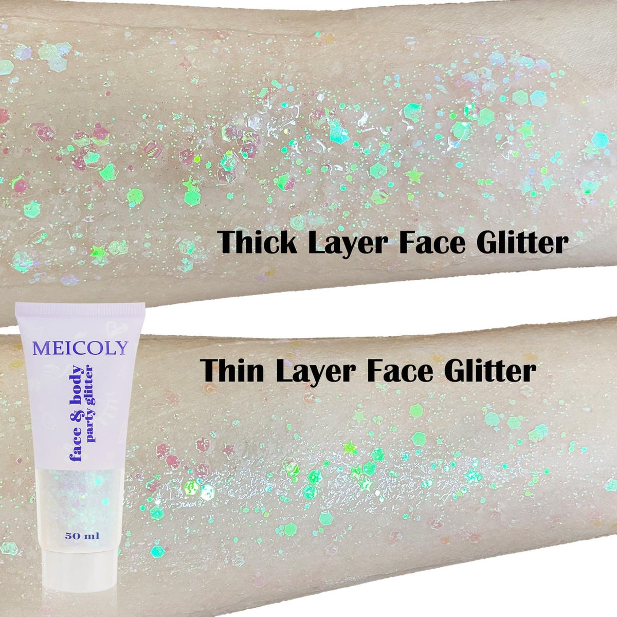 MEICOLY sequins detail showing multi-color holographic sparkle and dimension