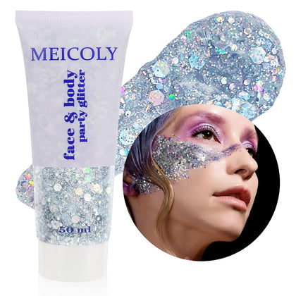 MEICOLY jar front view showing silver chunky glitter gel and festival-ready shine