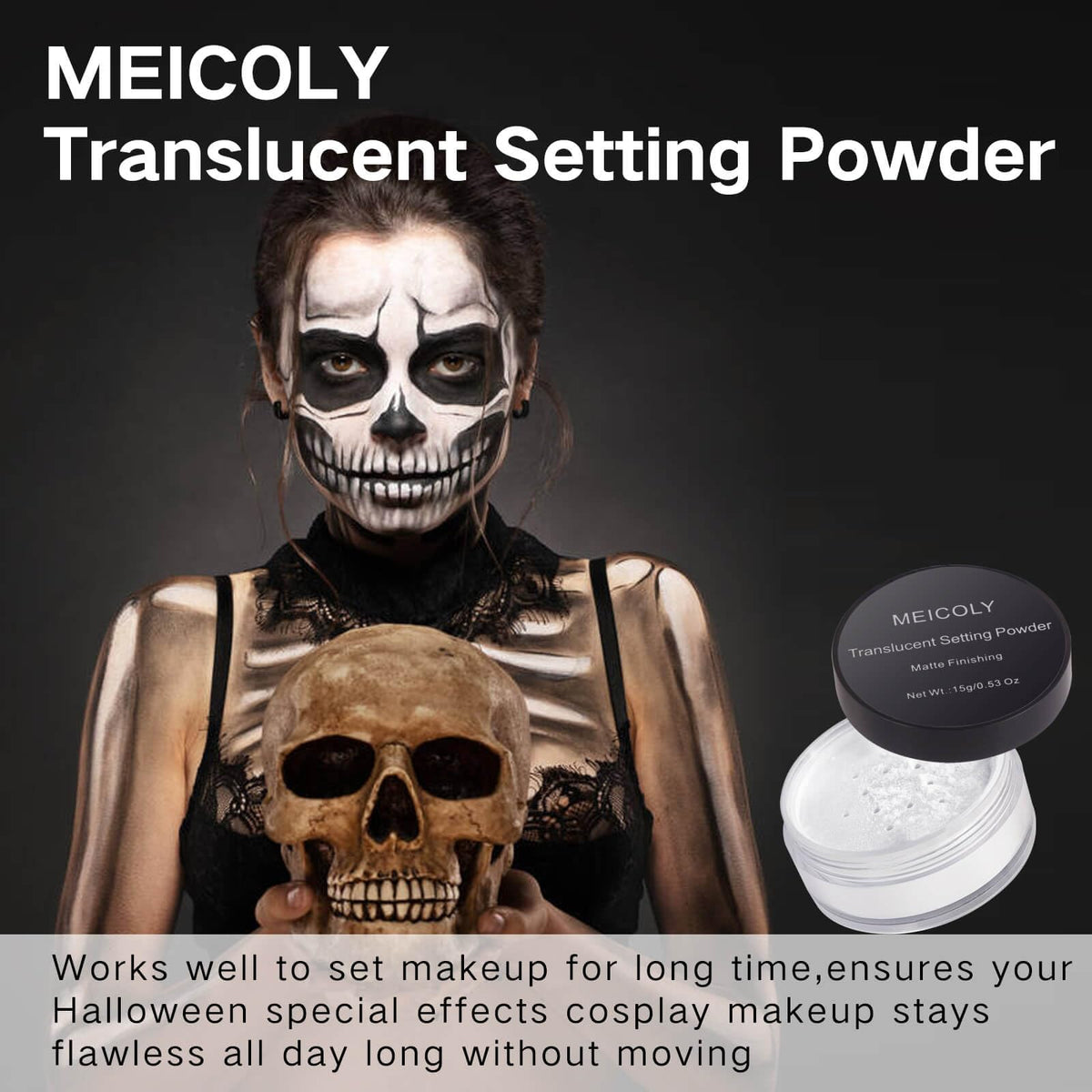 MEICOLY jar next to common compact for scale demonstrating portable size benefit