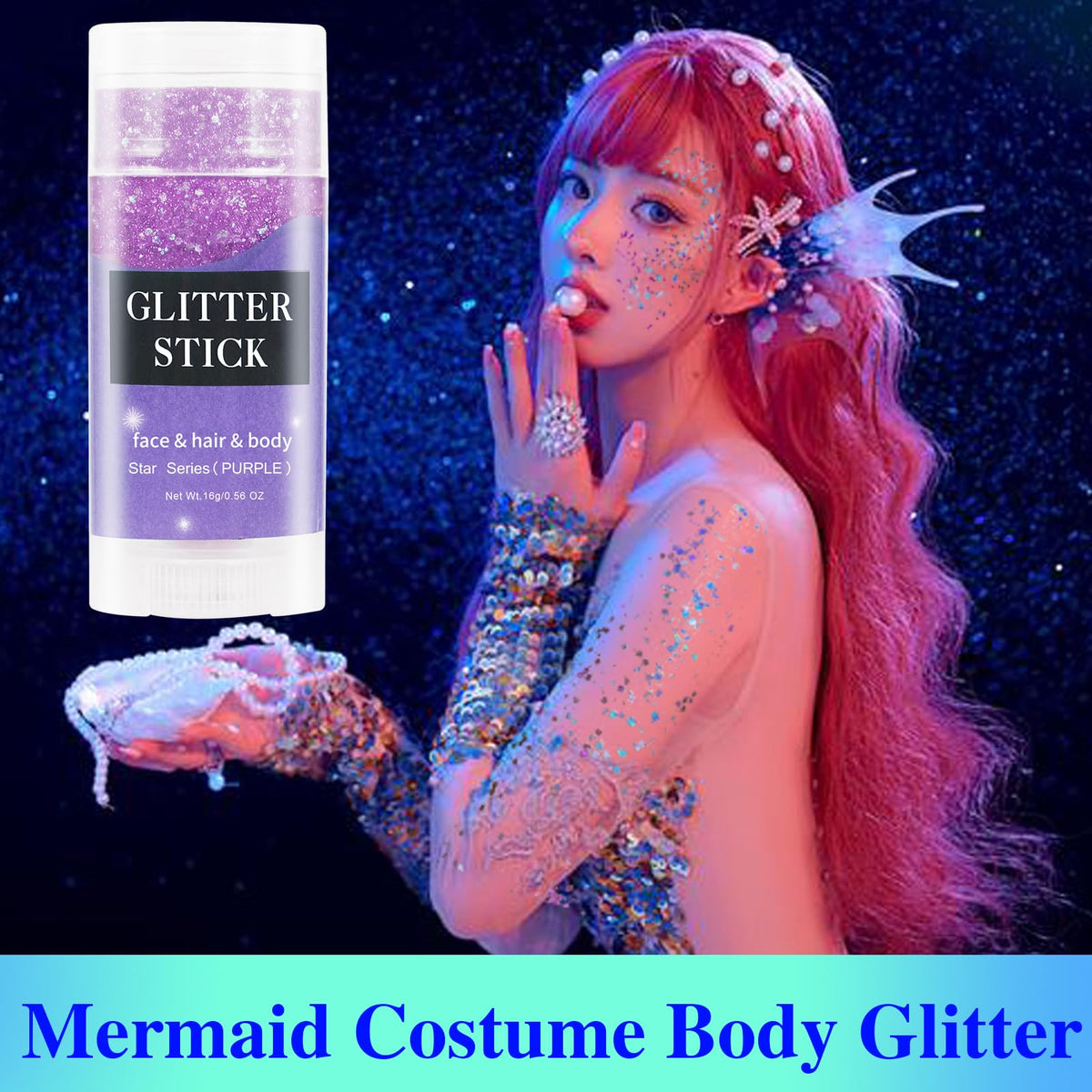 MEICOLY stick applied on cheek, vibrant purple shine for face decoration