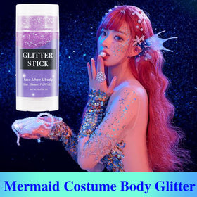 MEICOLY stick applied on cheek, vibrant purple shine for face decoration